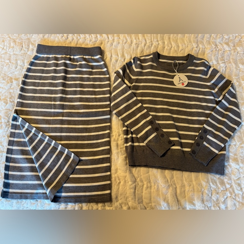 NWT Striped Gray And White Knit Skirt and Top Set